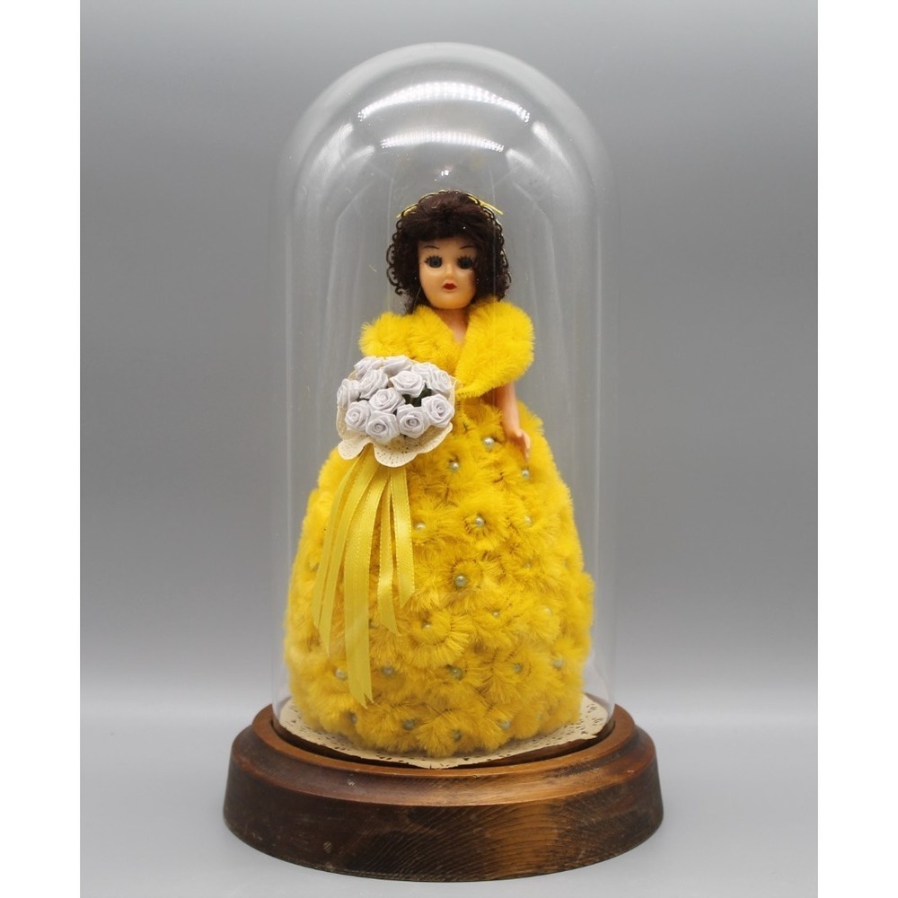 Vintage 1970s Doll Glass Cloche Yellow Chenille Gown Folk Art 8.5" Provenance